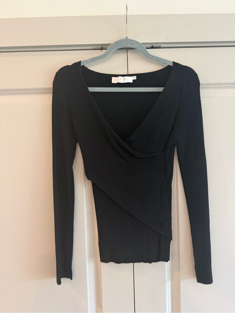 ASTR Black Long-Sleeve Wrap Ribbed Top